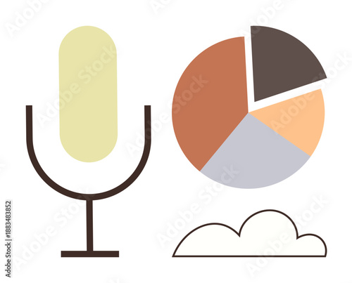 Media streaming, podcasting, cloud storage, data analysis, technology trends, content creation. A microphone, pie chart and cloud icon. Media streaming and podcasting concept