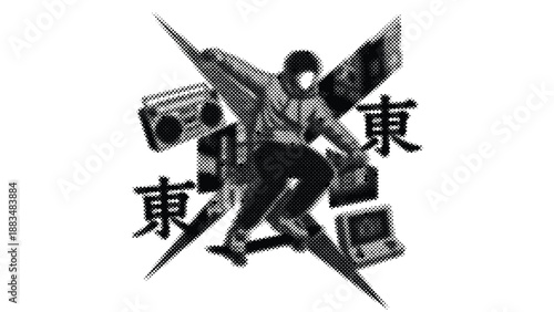 man with boomboxes and japanese characters in a dynamic pose with music equipment