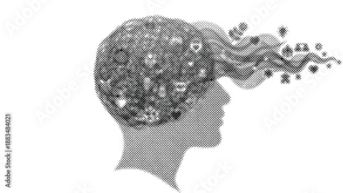 Halftone illustration of human head with gears and cogs coming out