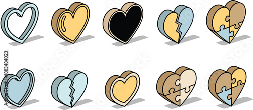 Assorted heart icons in various states of being broken or whole, displayed in a grid layout