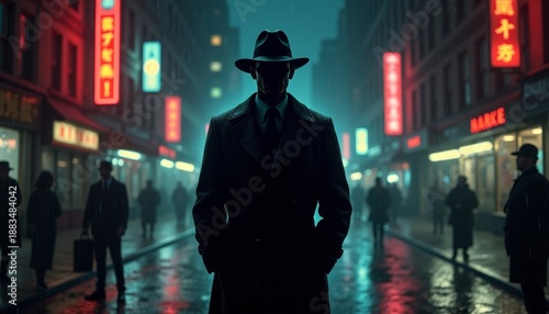 Mysterious man in trench coat standing in illuminated city street  
