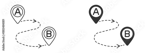 Route Map Icon Set. Location A to B Navigation Symbols. Travel Path Direction, GPS Tracking, Vector Illustration.