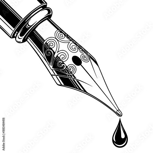 An ornate fountain pen nib writes with intricate detail close-up view in black and white vector illustration