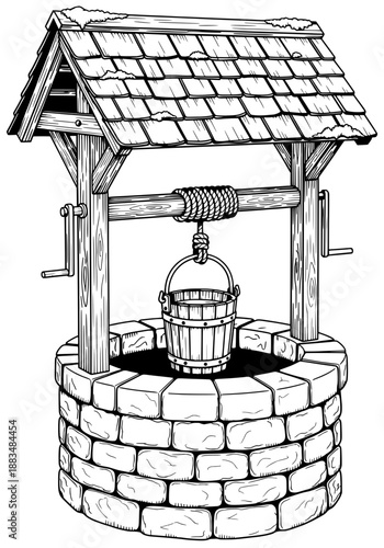 An old wooden well with a tiled roof and a bucket, rural landscape illustration