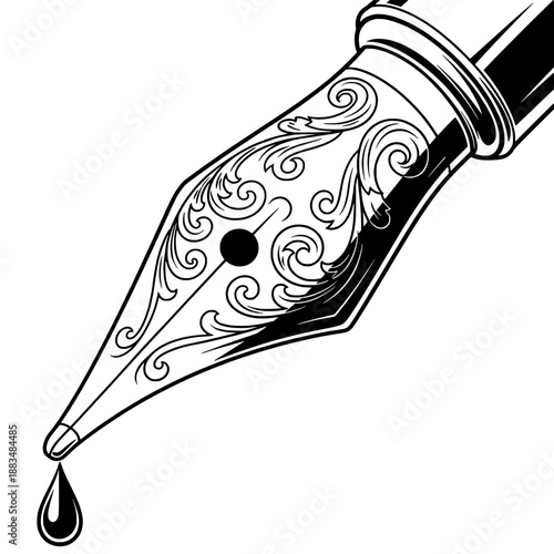 A calligraphy pen nib with intricate engravings and an ink drop, vector illustration