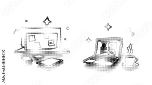 halftone illustration of laptops and gadgets with coffee cup on white background