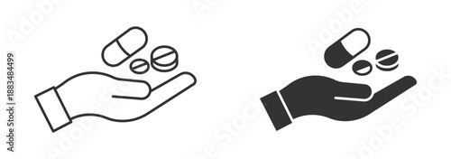 Medicine in Hand Icon Set. Pills & Capsule Giving Symbol. Pharmacy, Healthcare Treatment, Vector Illustration.