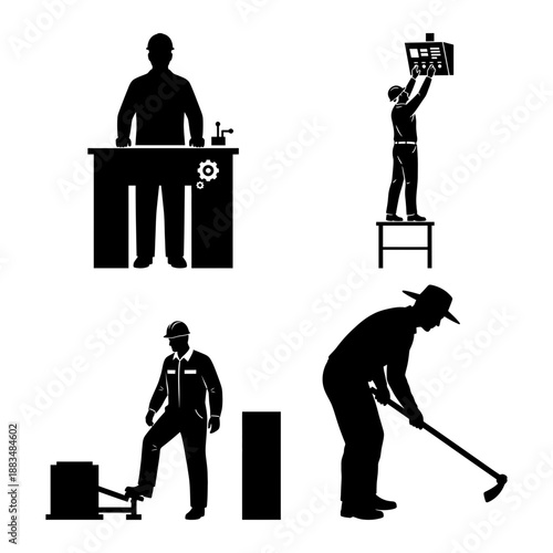 May Day Workers Silhouette Set Mechanic Electrician Workshop and Farmer Hoeing