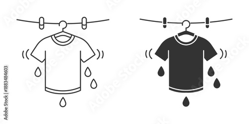 Wet Clothes Drying Icon Set. Laundry Hanging Shirt Symbols. Dripping Clothesline, Drying Process, Vector Illustration.