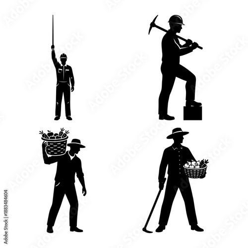 May Day Workers Silhouette Set Factory Operator Control Panel and Farmer Basket