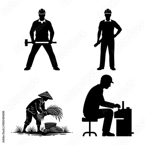 May Day Workers Silhouette Set Hammer Wrench Office Worker and Rice Farmer