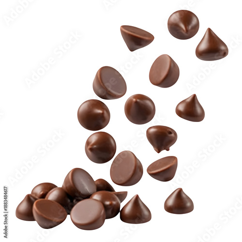 Floating chocolate chips isolated on transparent background