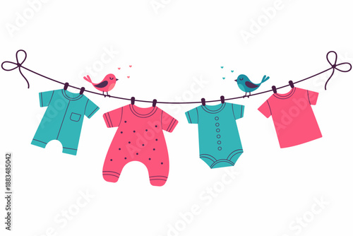 Cute baby clothes hanging on clothesline with birds for newborn shower greeting card or nursery decor.