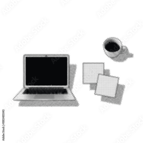 Halftone illustration of laptop computer with coffee cup and papers on white background