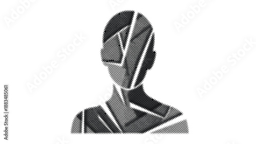 Halftone illustration of a faceless person with broken lines  monochrome