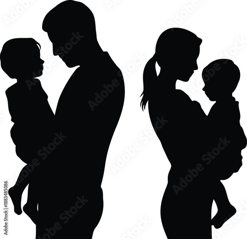 A father gazes at his child while a mother holds her baby, with their dark silhouettes shown