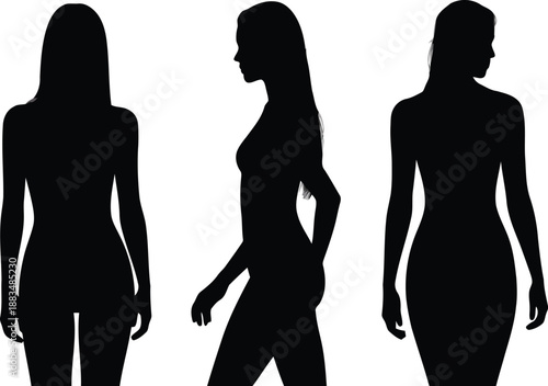 Collection of three black female body silhouettes with different body shapes and graceful hairstyles