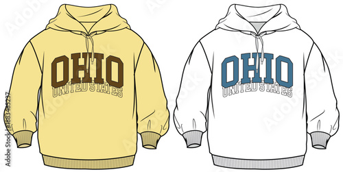 kids unisex long sleeve hooded t shirt with united states ohio graphic print fashion flat sketch vector illustration technical cad drawing template
