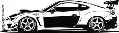 Custom sport car silhouette with wide body kit and large rear wing isolated on white background for automotive tuning enthusiasts