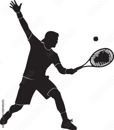 Dynamic tennis player in action, hitting ball with racket, silhouette view, sports scene, dynamic pose