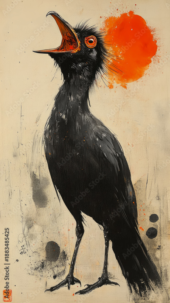 Fototapeta premium Dynamic mixed media painting of black bird in full cry, head thrown back with open beak, abstract orange splattered halo of sound or emotion against textured background.