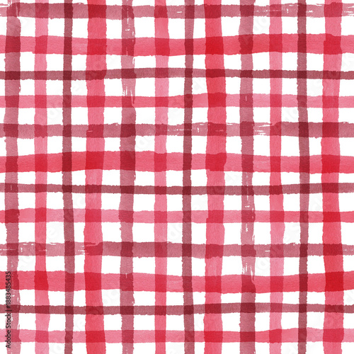 Christmas Checkered red Seamless Pattern. Watercolor illustration of a festive Print. Hand drawn vintage sketch on white isolated background. Water color painting art. Ideal for paper, fabrics