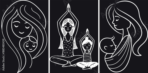 Beautiful Black and White Line Art Illustration Depicting Mother and Child Bonding, Family Love, and Wellness Lifestyle Activities