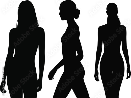Diverse black female silhouettes in various poses with elegant hairstyles like buns and ponytails standing