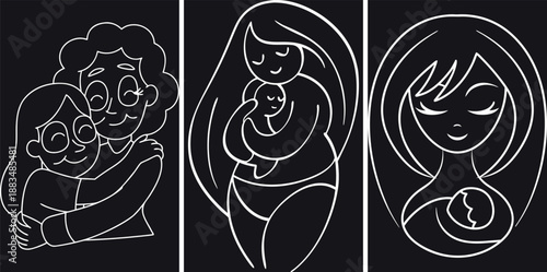 Motherhood Collection: Loving Embrace, Gentle Care, and Peaceful Connection Line Art Set