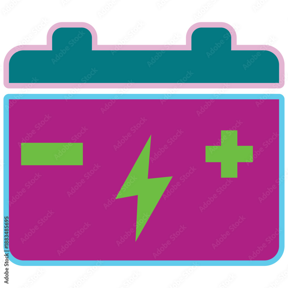 Obraz premium Battery icon with pink body and green symbols on white background