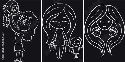 Beautiful Line Art Illustrations Depicting Mother and Child Love, Family Bonds, and Joyful Parenting Moments