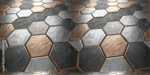 Stylish hexagonal floor tiles in gray and wood tones, enhancing contemporary interior aesthetics.