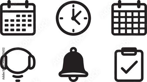 Minimalist black silhouette icon set of six timetable and schedule symbols, including calendar, clock, class schedule grid, reminder bell, daily planner, and deadline check mark,