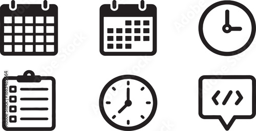 Professional silhouette icon set of six timetable elements academic schedule grid, office calendar, clock icon, task checklist, deadline symbol