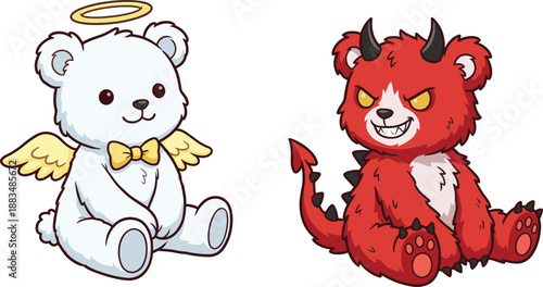 Cute Angelic White Teddy Bear with Halo and Wings Sitting Beside a Grinning Red Devil Bear with Horns and Tail