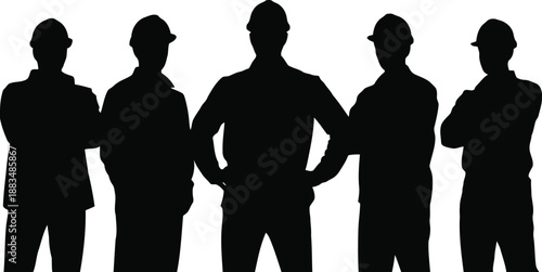 Five professional workers wearing hard hats stand together in black silhouettes against a white background