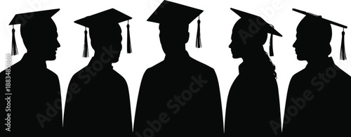 Five proud university graduates stand together wearing their academic caps and gowns
