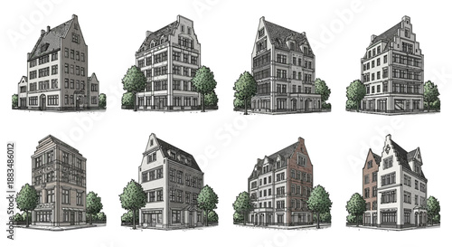 Collection of hand-drawn urban buildings, showcasing diverse architectural styles and facades. Versatile for conceptual city planning, historical designs, and graphic asset creation