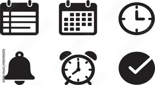 Clean silhouette vector icon set of six time scheduling concepts timetable chart, school schedule, office planner calendar, clock icon, alarm bell
