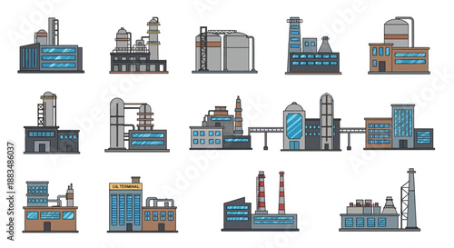 Collection of diverse industrial factory buildings and power plants for manufacturing, energy production, and chemical processing in a flat design style with detailed outlines