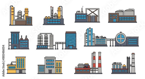 Industrial Complex Concept Flat design illustrations of diverse factory buildings, power plants, and manufacturing facilities, representing modern industrial infrastructure
