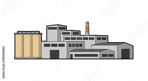 Detailed graphic representation of a manufacturing plant, showcasing diverse architectural elements like storage tanks and a smoke stack, depicting a hub of economic activity and industrial output