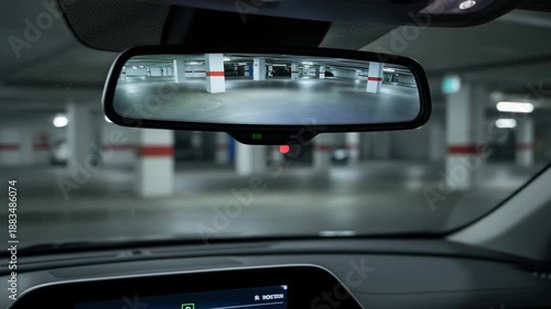 Automated car parking system displayed through rearview mirror inside vehicle underground garage with concrete pillars and dim lighting reverse mode