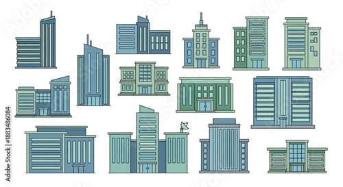 Flat design vector collection of modern urban architecture, showcasing diverse city buildings, corporate offices, and business centers for vibrant cityscape illustrations