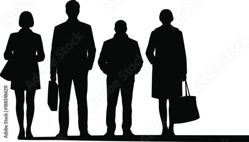 Four professional business people stand together in formal attire holding bags