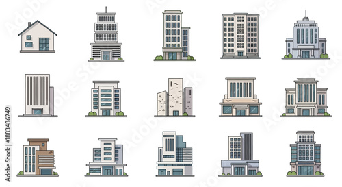 Detailed collection of diverse pixel art buildings, featuring various architectural styles from residential homes to modern city offices, ideal for game development or UI design assets