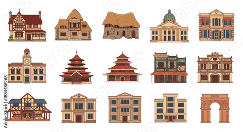 Charming Pixel Art Buildings Collection Diverse Retro Game Architecture for Cityscapes and Virtual Worlds – A Set of Classic and Fantasy Structures