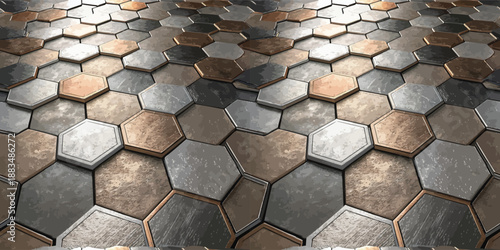 Stylish hexagonal tiles in shades of brown, gray, and metallic highlights, creating a modern aesthetic.