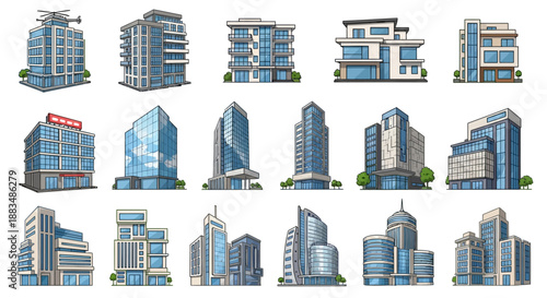 Diverse collection of modern architectural building illustrations, featuring city office towers, residential apartments, and urban commercial structures, great for design concepts
