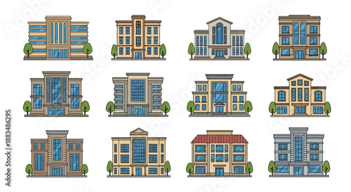 Diverse collection of modern flat design buildings, featuring various architectural styles for office, commercial, and urban projects, ideal for city planning and graphic illustrations